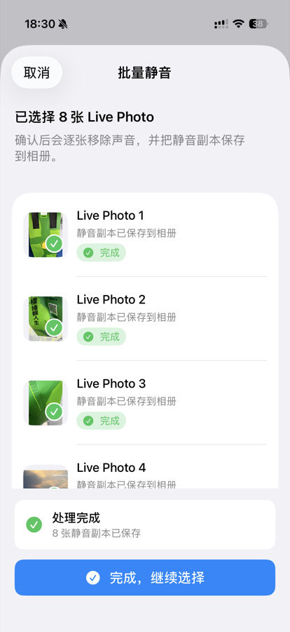 SilentLive 批量静音完成界面截图